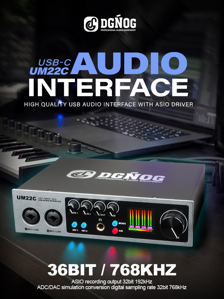 DGNOG UM22C USB Audio Interface 32bit/768KHz Professional Recording for Guitar Studio Podcast Producer Vocalist Streaming