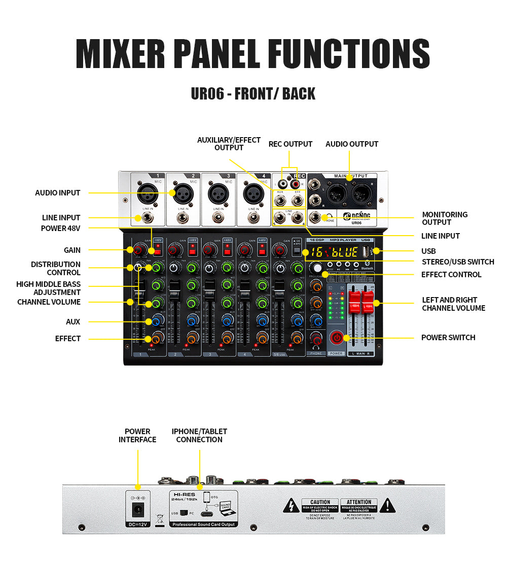 DGNOG UR06 6 Channel Sound Mixer 16 DSP 48V Supply Bluetooth connection Equalizing Control for DJ Party Karaoke Music-Lover