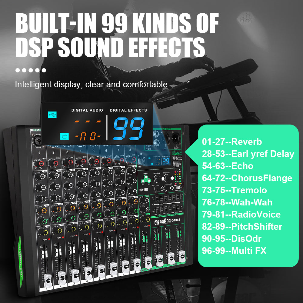 DGNOG GT08S 8 Channel Professional Audio Mixer 99 DSP 48V Phantom Power for Stage Family Party Auditorium Speech Music-Lover