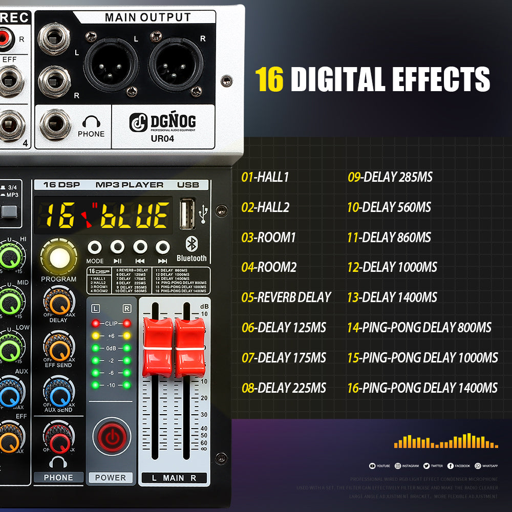 DGNOG UR04 4 Channel Audio Mixer with 48V Phantom Power Bluetooth 16 DSP Mixing Console for PC Recording Family Party