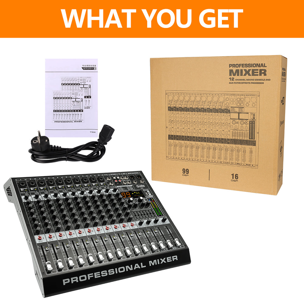 DGNOG Audio Mixer D12 12-channel 99 DSP 48V Professional Effector with Bluebooth USB for Home Karaoke and Studio Recording