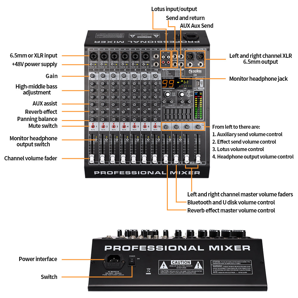 DGNOG Audio Mixer D8 8-channel 99 DSP 48V Professional Effector with Bluebooth USB for Home Karaoke and Studio Recording