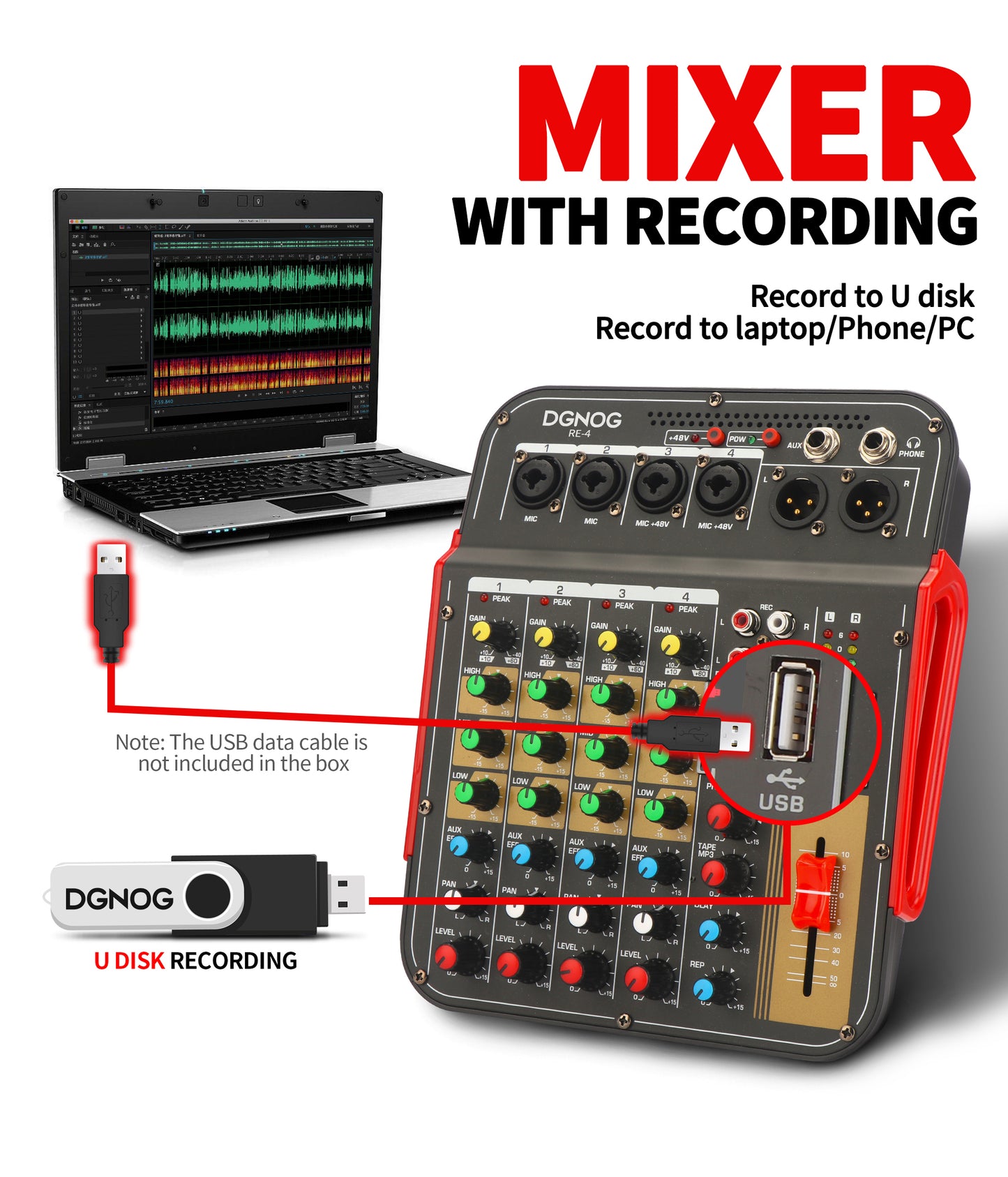 DGNOG Audio Mixer RE4 4-channel Aux Effec with XLR Output and 48V Phantom Power for Professional Studios and Music Lovers