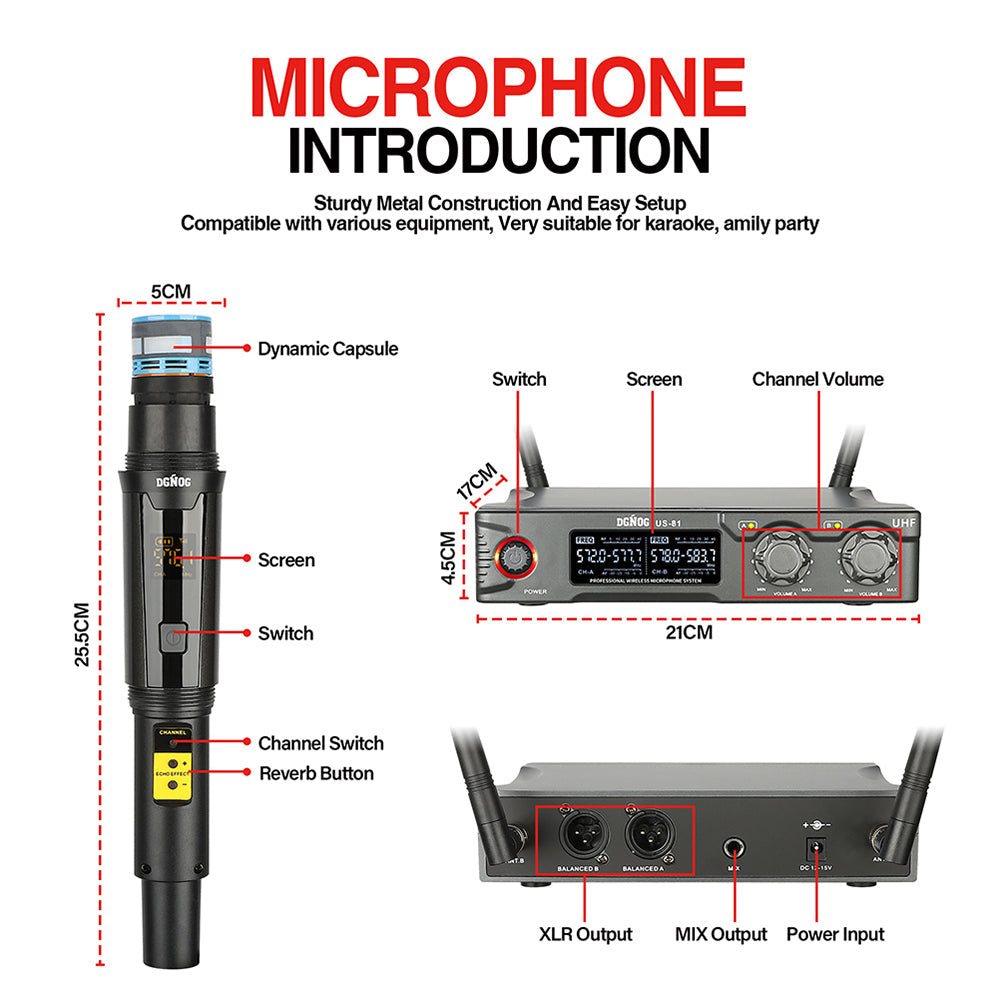 DGNOG US-81 UHF Dual Wireless Microphone System 2 Channels Karaoke Mic Handheld 80M for Family Party Meeting Room Music-Lover