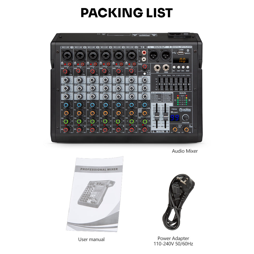 DGNOG 8 Channel DJ Audio Sound Mixer Interface Mixing Console Desktop Karaoke with MP3 Input USB Bluetooth Input PMX08