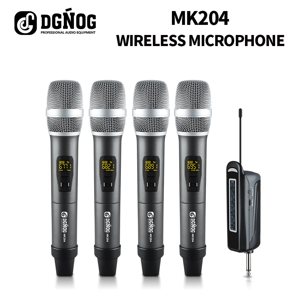 DGNOG MK204 UHF 4 Channel Wireless Microphone System with Rechargeable Receiver for Home Karaoke Small Auditorium Music-Lover