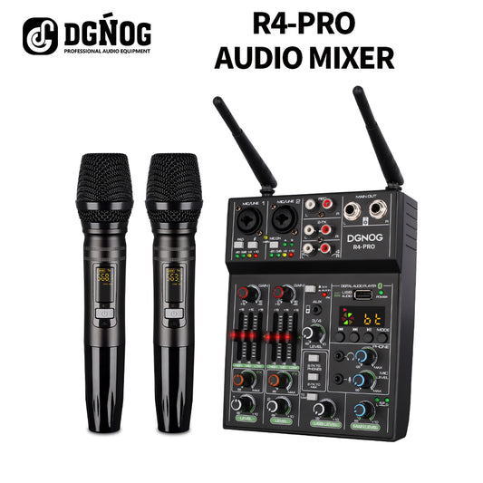 DGNOG  Audio Mixer R4-PRO  4-channel  Wireless Microphone USB Bluetooth  Rec DJ Console for Home Karaoke  Stage Recording Studio