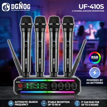 DGNOG UF-410S Professional 4-Channel UHF Wireless Microphone System | Quad Rechargeable Handheld Mics