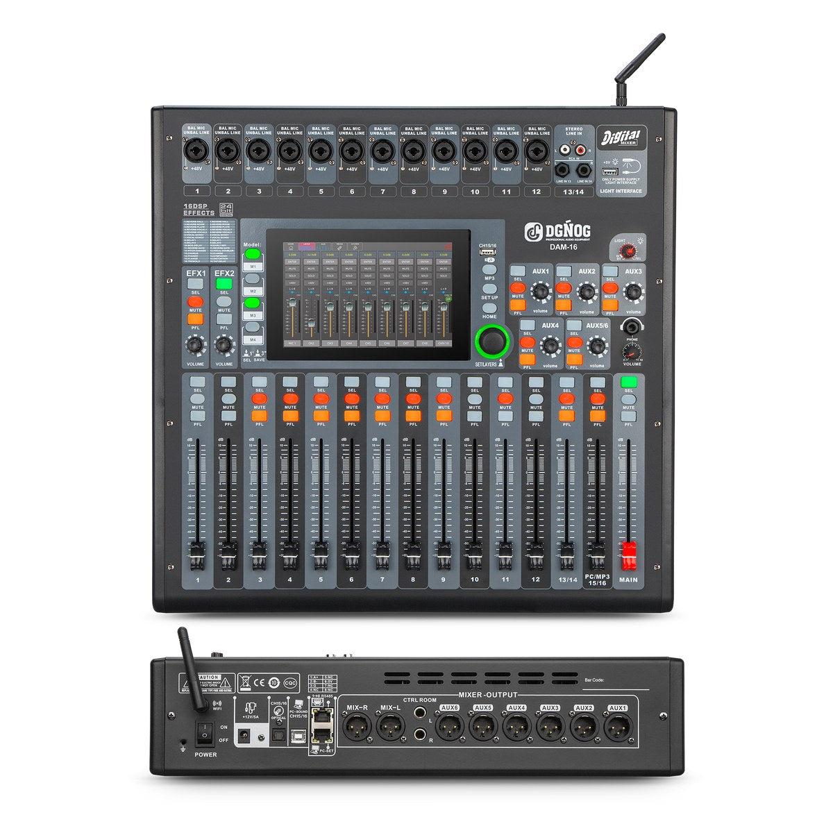 DGNOG DAM-16 Affordable 16-Channel Digital Mixer with Manual Faders, 7" Touchscreen & Wi-Fi