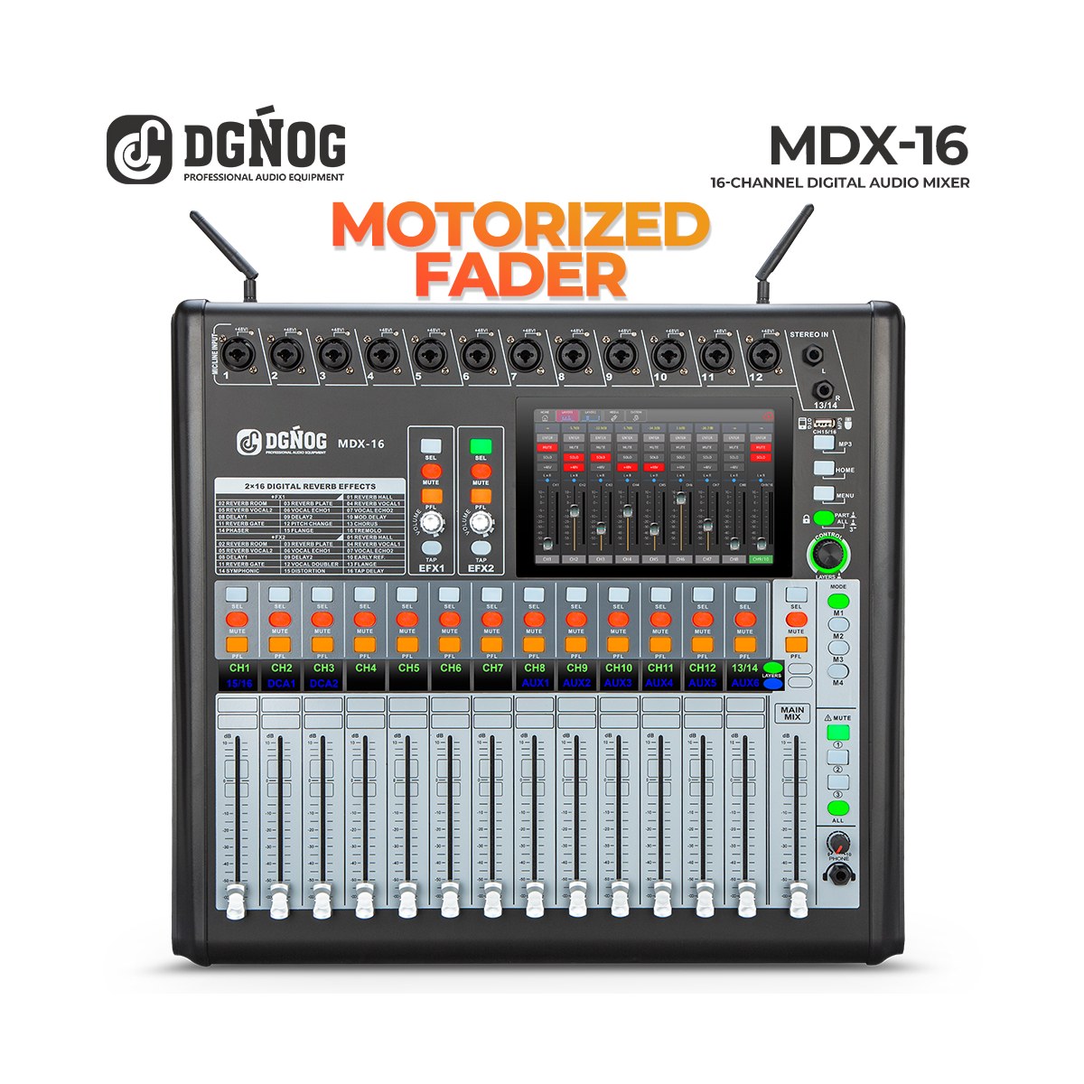 DGNOG MDX-16 16-Channel Digital Mixing Console with Desktop Motorized Faders, 7" Touchscreen & Wi-Fi