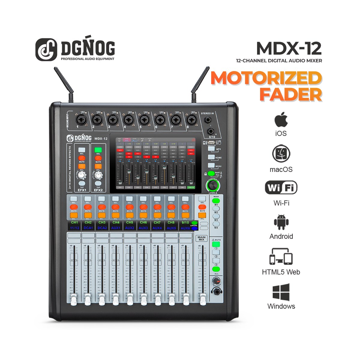 DGNOG MDX-12 12-Channel Digital Mixing Console with Desktop Motorized Faders, 7" Touchscreen & Wi-Fi