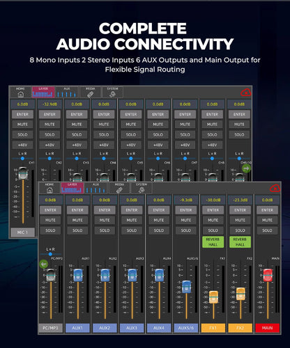 DGNOG DAM-16 Affordable 16-Channel Digital Mixer with Manual Faders, 7" Touchscreen & Wi-Fi