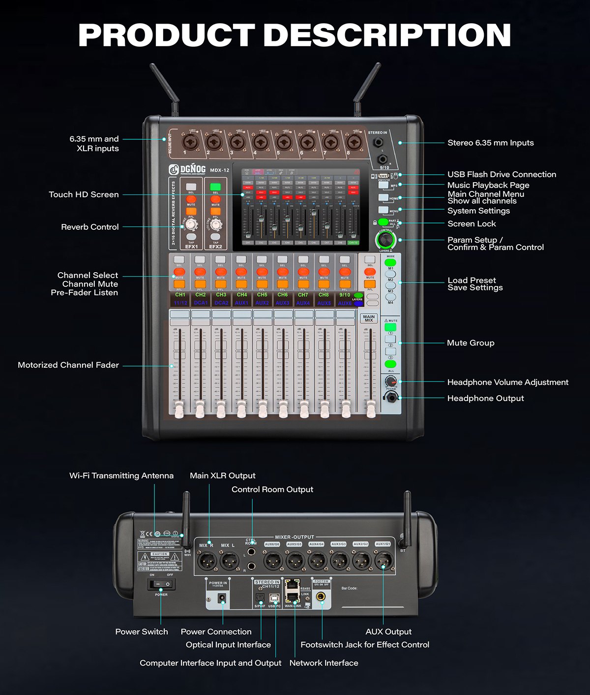 DGNOG MDX-12 12-Channel Digital Mixing Console with Desktop Motorized Faders, 7" Touchscreen & Wi-Fi