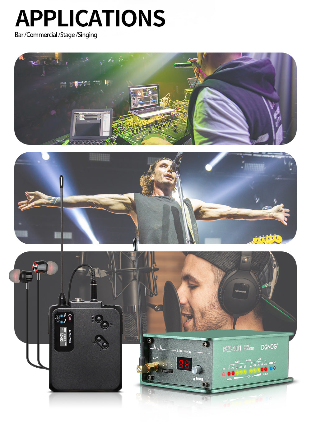 DGNOG PSM-200T UHF Wireless Stereo Monitor System Equipped with lithium battery, suitable for outdoor stage performance.