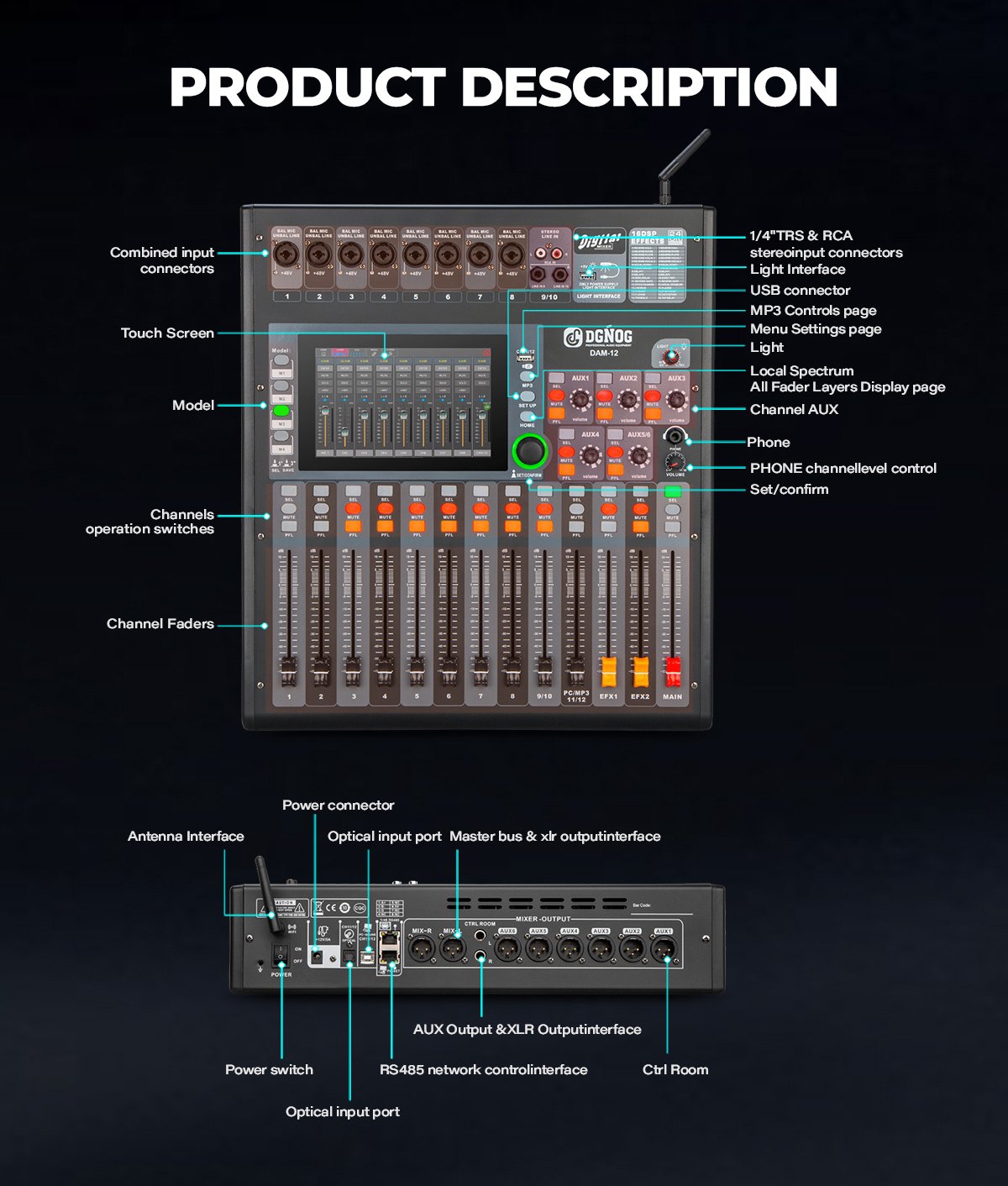 DGNOG DAM-12 Affordable 12-Channel Digital Mixer with Manual Faders, 7" Touchscreen & Wi-Fi