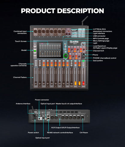 DGNOG DAM-12 Affordable 12-Channel Digital Mixer with Manual Faders, 7" Touchscreen & Wi-Fi
