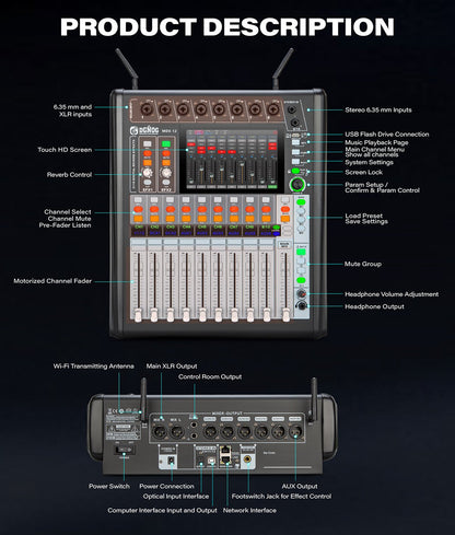 DGNOG MDX-20 20-Channel Digital Mixing Console with Desktop Motorized Faders, 7" Touchscreen & Wi-Fi