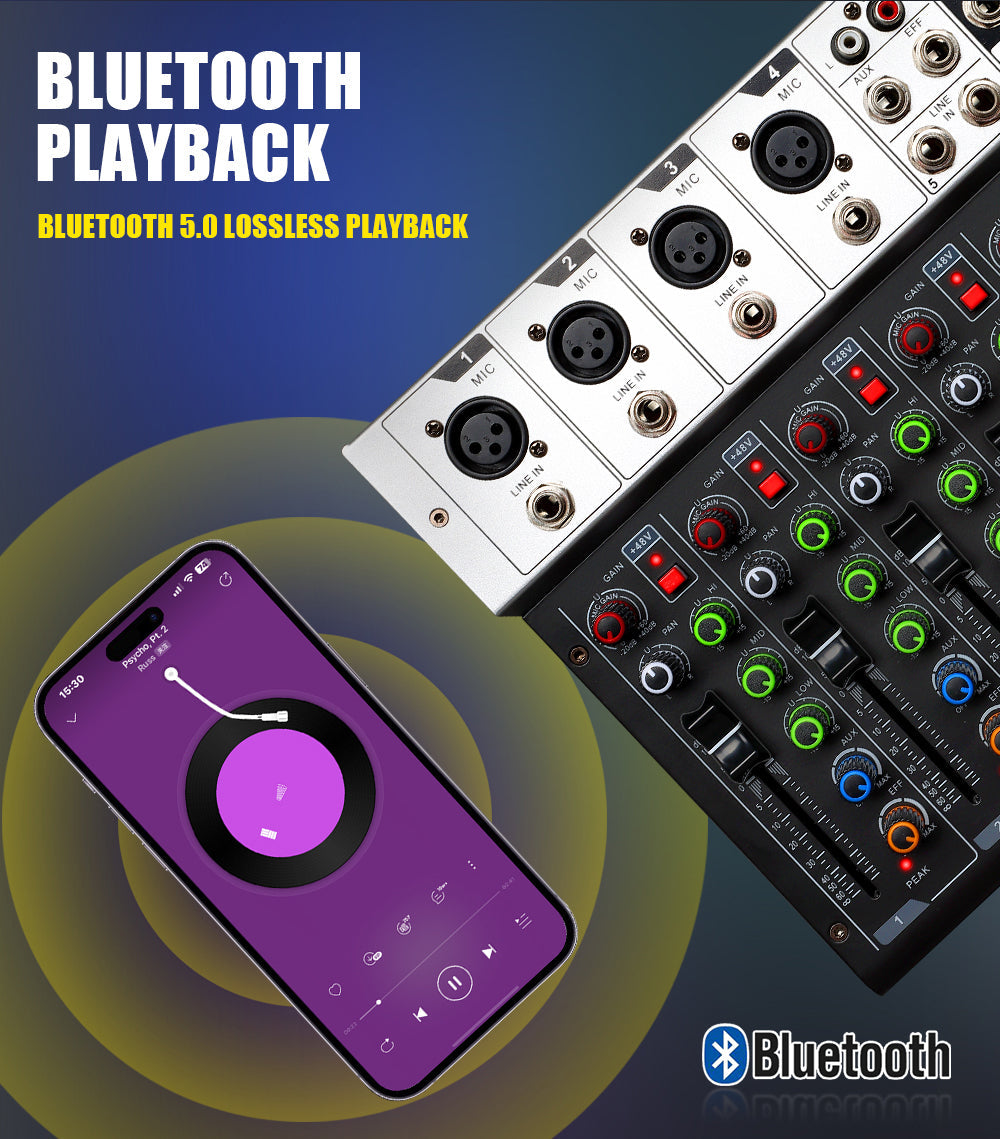 DGNOG  UR06  6 Channel Sound Mixer 16 DSP 48V Supply  Bluetooth connection Equalizing Control for DJ Party  Karaoke  Music-Lover