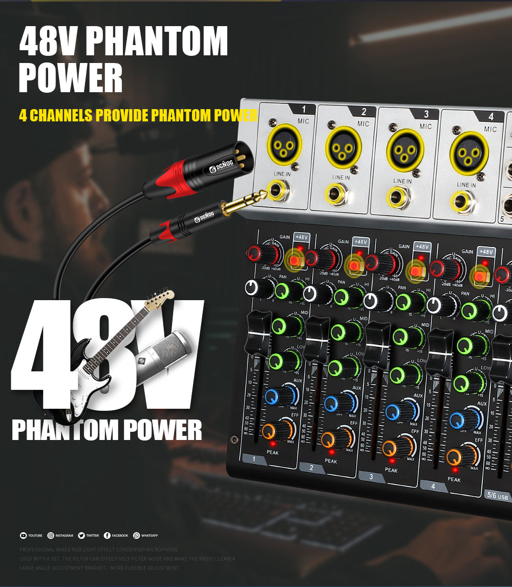 DGNOG  UR06  6 Channel Sound Mixer 16 DSP 48V Supply  Bluetooth connection Equalizing Control for DJ Party  Karaoke  Music-Lover