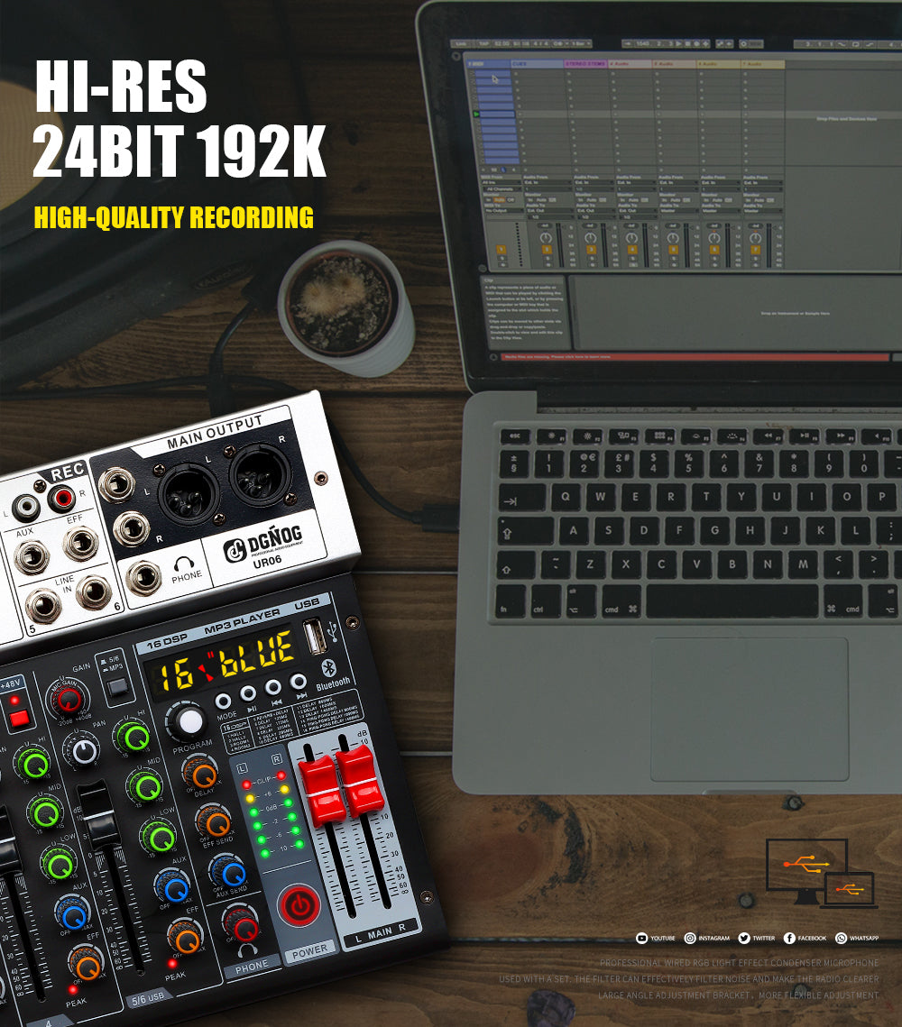DGNOG  UR06  6 Channel Sound Mixer 16 DSP 48V Supply  Bluetooth connection Equalizing Control for DJ Party  Karaoke  Music-Lover