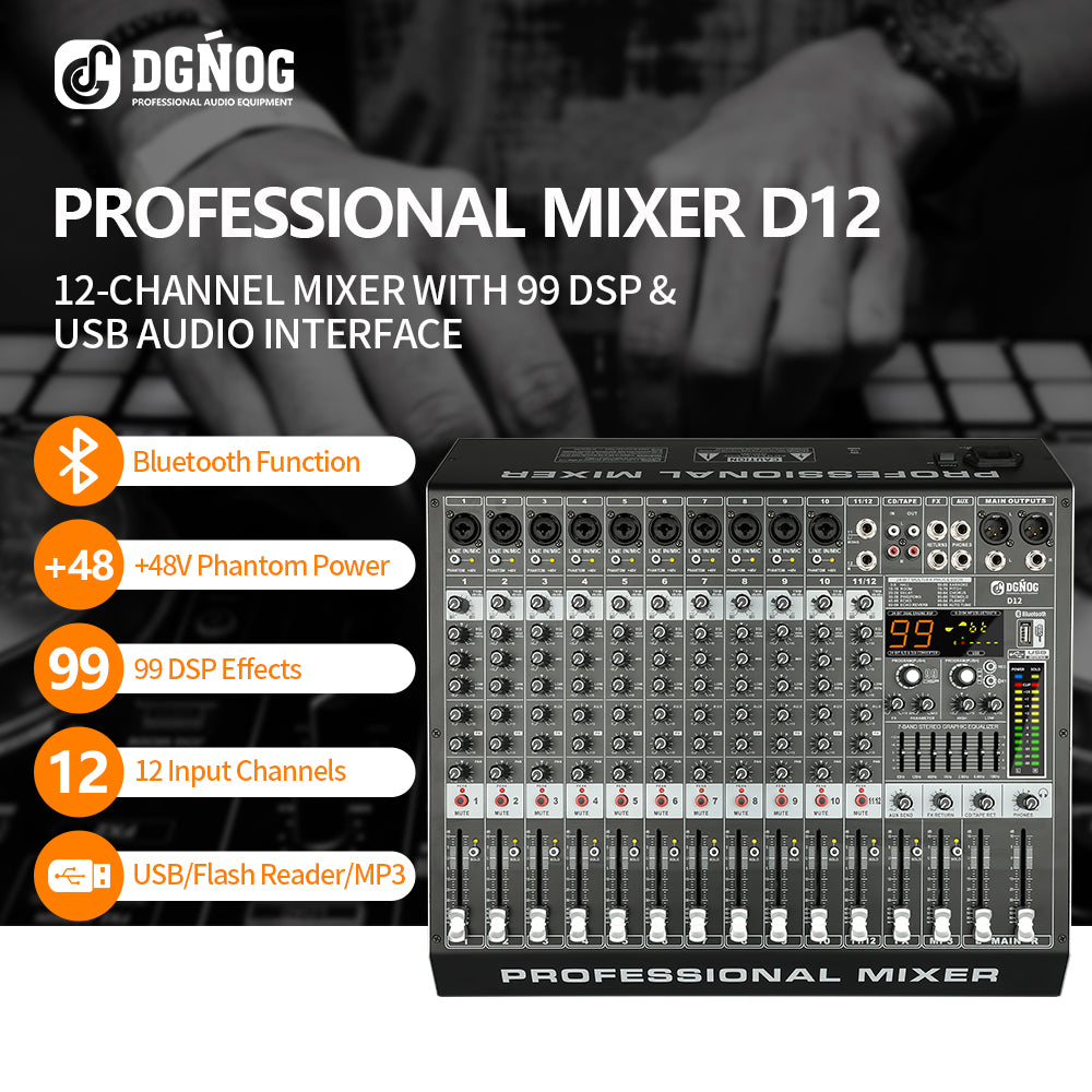 DGNOG  Audio Mixer  D12  12-channel 99 DSP  48V Professional Effector  with Bluebooth USB  for Home Karaoke and Studio Recording