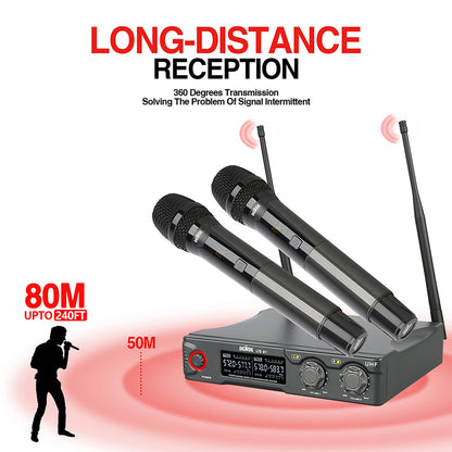 DGNOG  US-81 UHF Dual Wireless Microphone System  2 Channels Karaoke Mic Handheld 80M  for Family Party Meeting Room Music-Lover