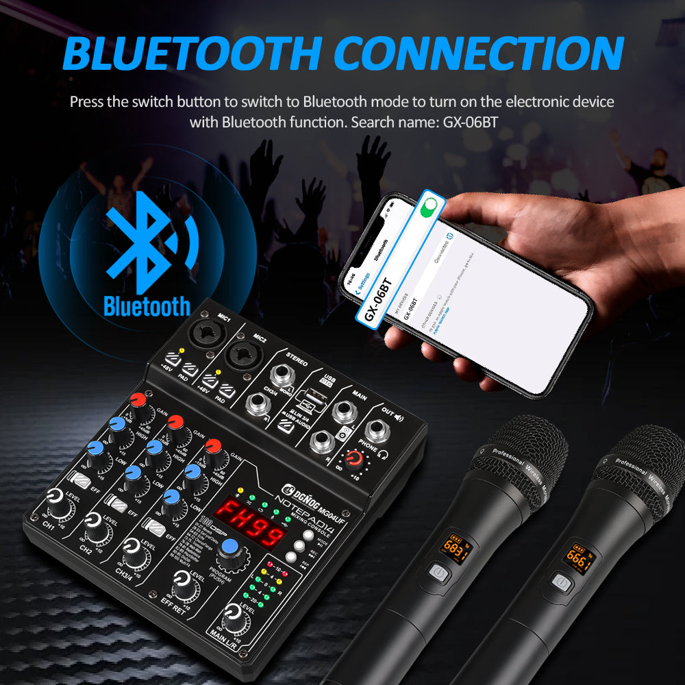 DGNOG 4 Channel Audio Mixer with UHF Wireless Microphone USB/Bluetooth Function 99DSP Effect PC Recording DJ Console for Home Karaoke