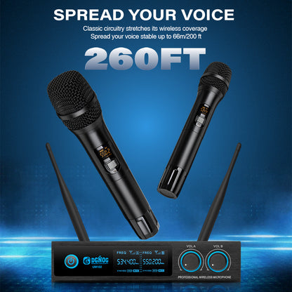 DGNOG UM102 UHF Wireless Microphone Adjustable Frequency Dual Handheld Microphone Full Metal Suitable for Church Singing Karaoke