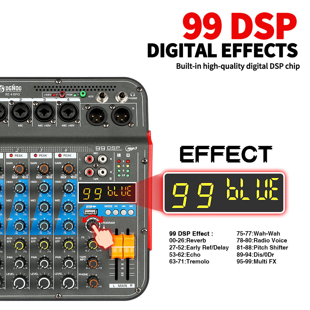 DGNOG Audio Mixer  RE-4 PRO  4-channel 99 DSP Effects Professional With  Bluetooth USB Interface  for Family Parties Music Lover