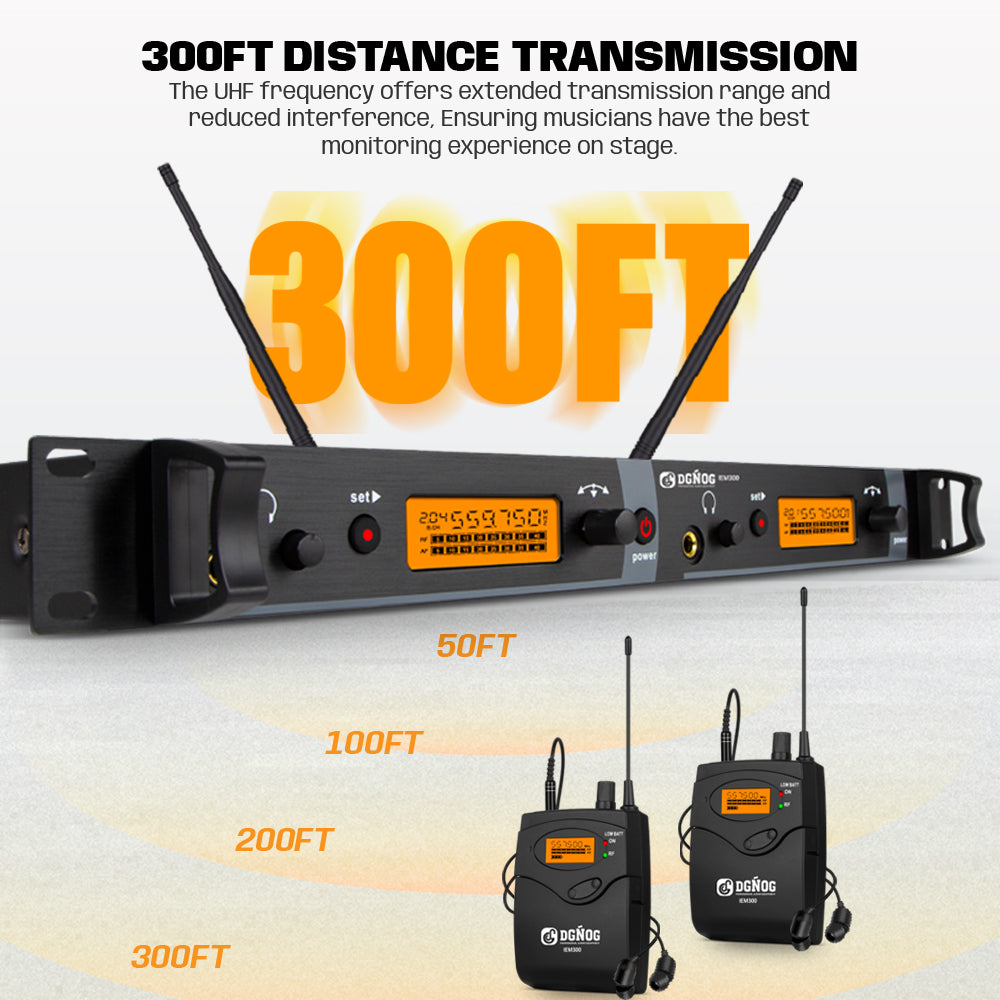 DGNOG IEM300 2 Channel Wireless In-Ear Monitoring System 40 Adjustable UHF Frequencies 300ft IEM Stage Return for Vocalist Bands