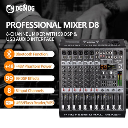 DGNOG  Audio Mixer  D8  8-channel  99 DSP  48V Professional Effector   with Bluebooth USB  for Home Karaoke and Studio Recording
