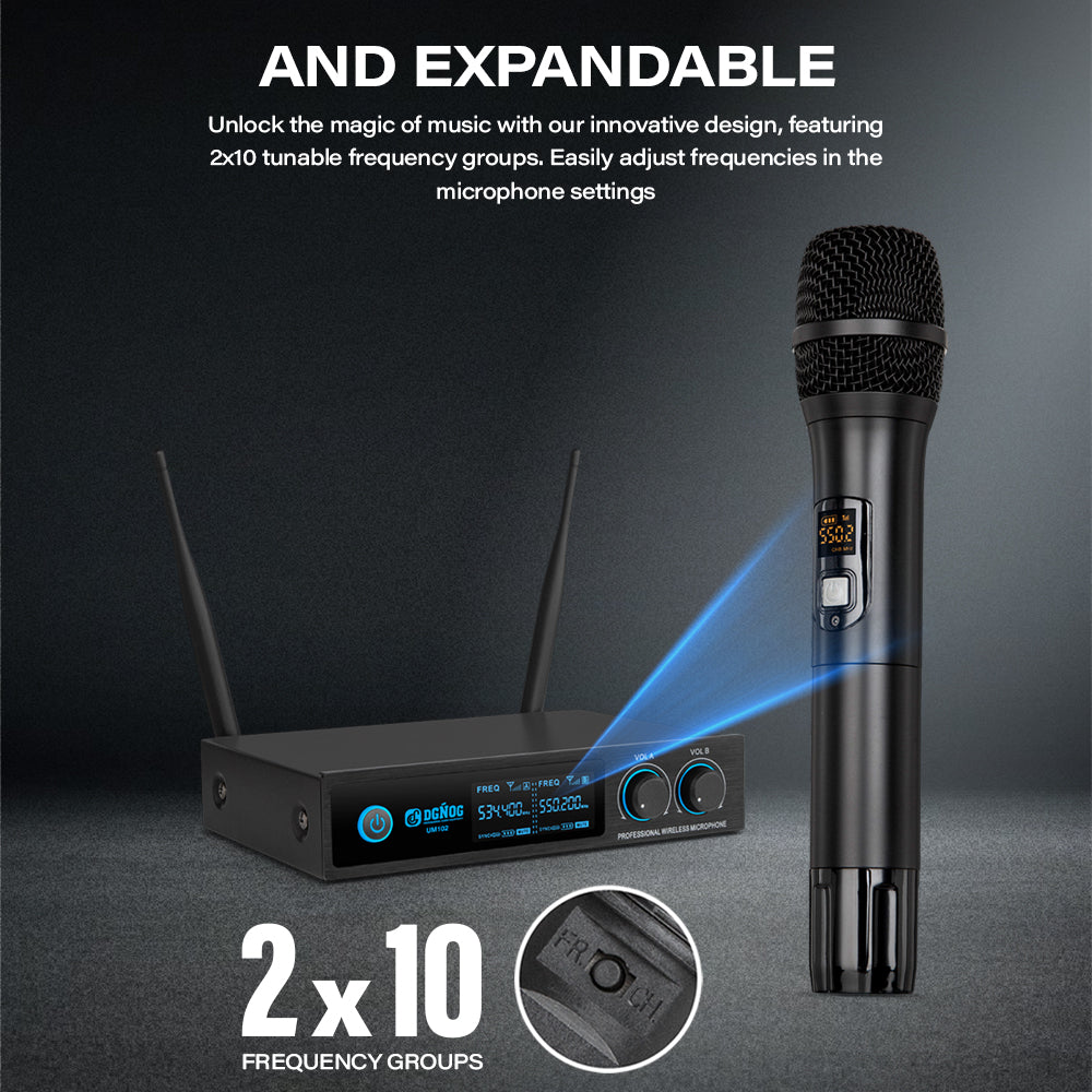 DGNOG UM102 UHF Wireless Microphone Adjustable Frequency Dual Handheld Microphone Full Metal Suitable for Church Singing Karaoke