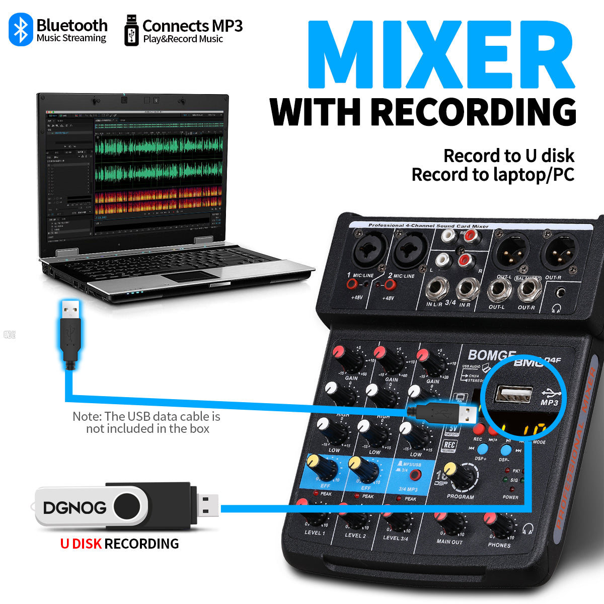 4-kanaals Audiomixer, Draagbare Geluidskaartkaart Desktopsysteem Stereo Dj Ruisonderdrukking Draadloze Usb Aansluitingsmixer 4-kanaals Audiomixer, Draagbare Geluidskaartkaart Desktopsysteem Stereo Dj Ruisonderdrukking Draadloze Usb Aansluitingsmixer