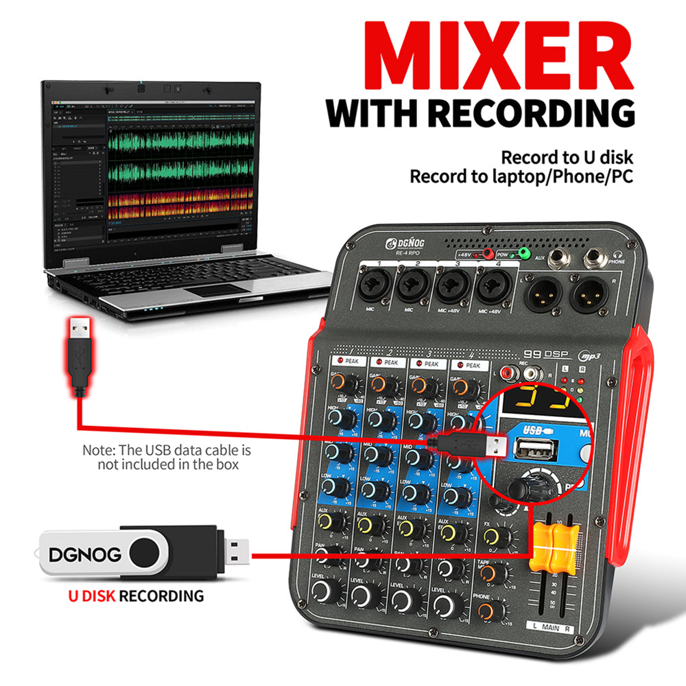 DGNOG Audio Mixer  RE-4 PRO  4-channel 99 DSP Effects Professional With  Bluetooth USB Interface  for Family Parties Music Lover