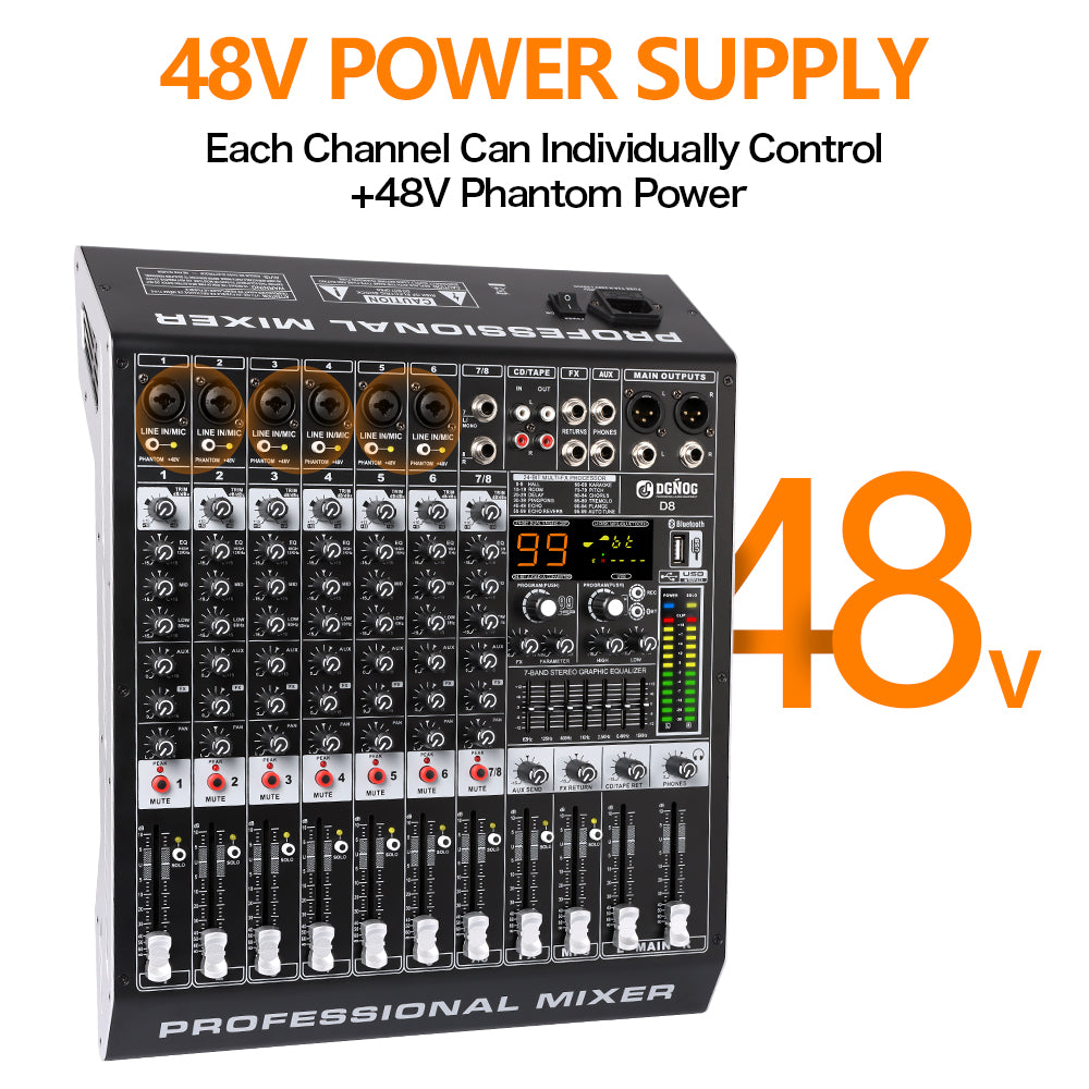 DGNOG  Audio Mixer  D8  8-channel  99 DSP  48V Professional Effector   with Bluebooth USB  for Home Karaoke and Studio Recording