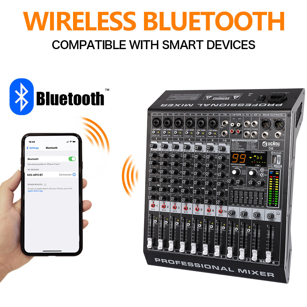 DGNOG  Audio Mixer  D8  8-channel  99 DSP  48V Professional Effector   with Bluebooth USB  for Home Karaoke and Studio Recording