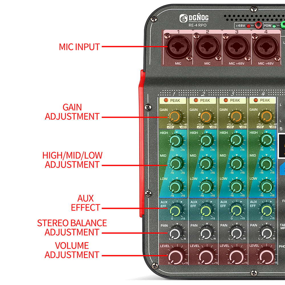 DGNOG Audio Mixer  RE-4 PRO  4-channel 99 DSP Effects Professional With  Bluetooth USB Interface  for Family Parties Music Lover