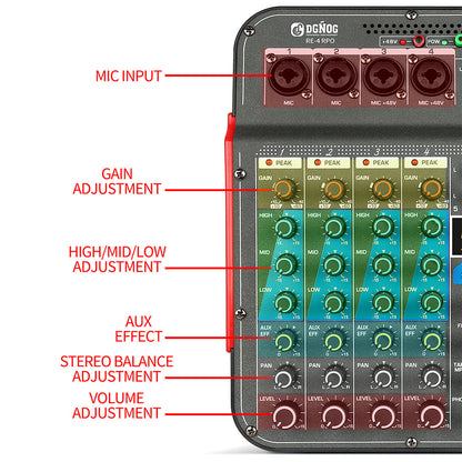 DGNOG Audio Mixer  RE-4 PRO  4-channel 99 DSP Effects Professional With  Bluetooth USB Interface  for Family Parties Music Lover
