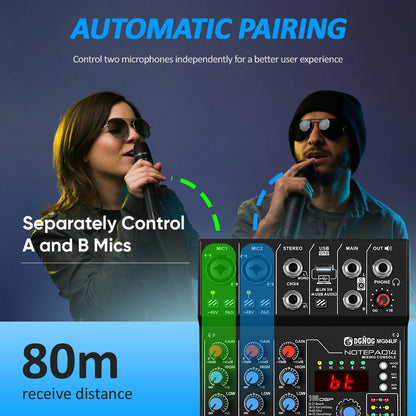 DGNOG 4 Channel Audio Mixer with UHF Wireless Microphone USB/Bluetooth Function 99DSP Effect PC Recording DJ Console for Home Karaoke