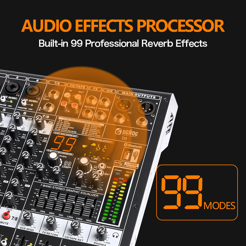 DGNOG  Audio Mixer  D8  8-channel  99 DSP  48V Professional Effector   with Bluebooth USB  for Home Karaoke and Studio Recording