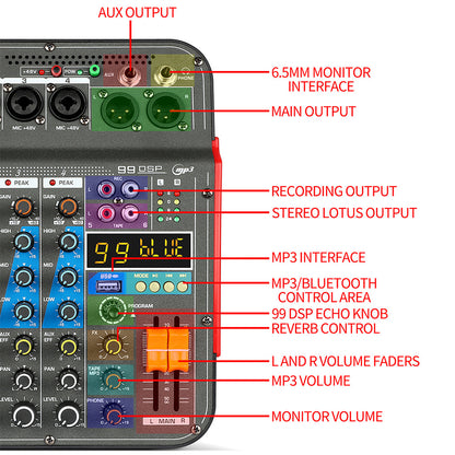 DGNOG Audio Mixer  RE-4 PRO  4-channel 99 DSP Effects Professional With  Bluetooth USB Interface  for Family Parties Music Lover