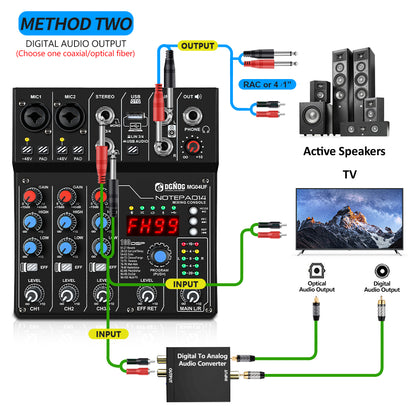 DGNOG 4 Channel Audio Mixer with UHF Wireless Microphone USB/Bluetooth Function 99DSP Effect PC Recording DJ Console for Home Karaoke