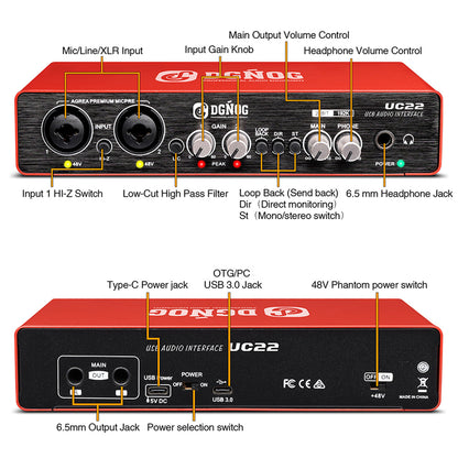 DGNOG USB Audio Interface  UC22 Professional Sound Card  Recording  24-bit / 192KHz for Computer Guitar Singing  Studio Podcasts