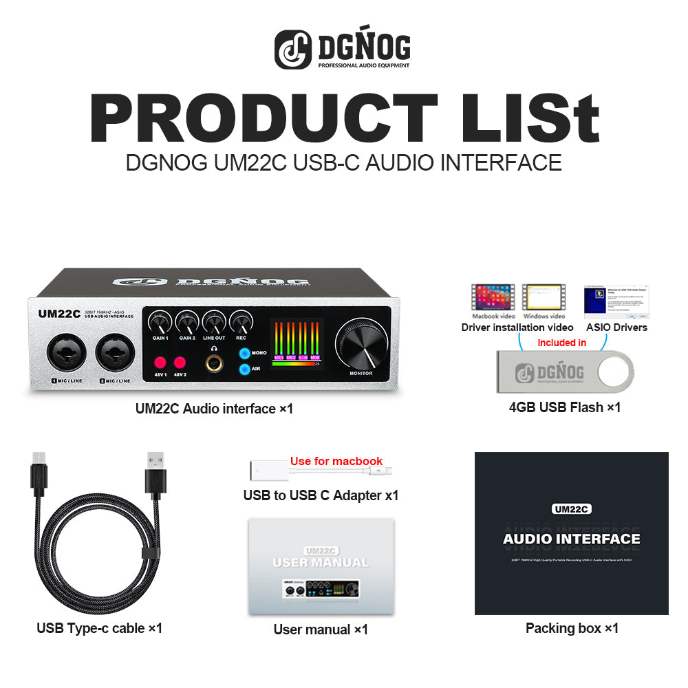 DGNOG  UM22C USB Audio Interface   32bit/768KHz  Professional Recording for Guitar Studio  Podcast Producer  Vocalist  Streaming
