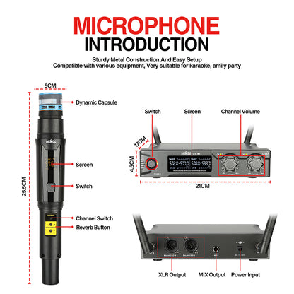 DGNOG  US-81 UHF Dual Wireless Microphone System  2 Channels Karaoke Mic Handheld 80M  for Family Party Meeting Room Music-Lover