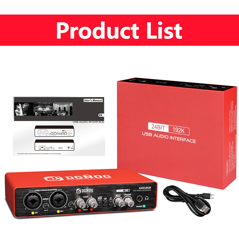 DGNOG USB Audio Interface  UC22 Professional Sound Card  Recording  24-bit / 192KHz for Computer Guitar Singing  Studio Podcasts