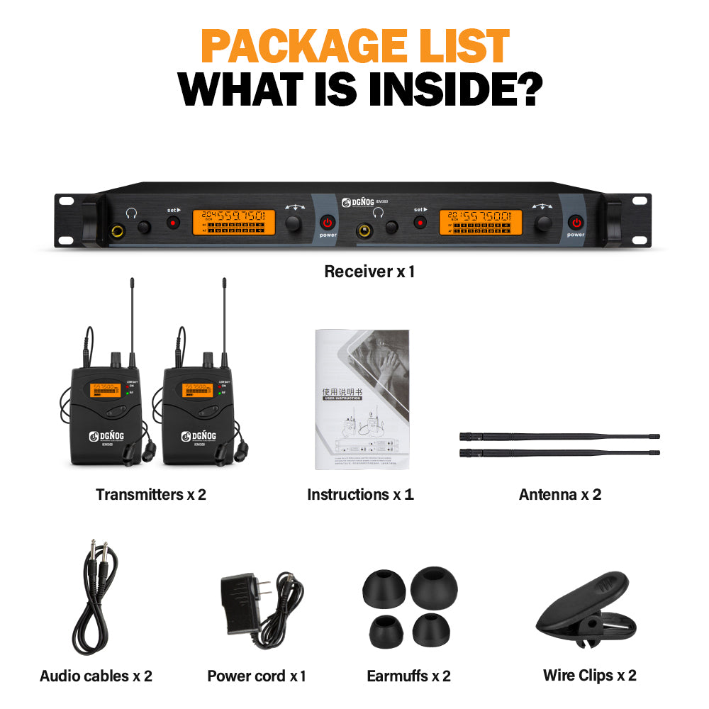 DGNOG IEM300 2 Channel Wireless In-Ear Monitoring System 40 Adjustable UHF Frequencies 300ft IEM Stage Return for Vocalist Bands