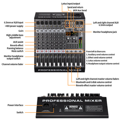 DGNOG  Audio Mixer  D8  8-channel  99 DSP  48V Professional Effector   with Bluebooth USB  for Home Karaoke and Studio Recording
