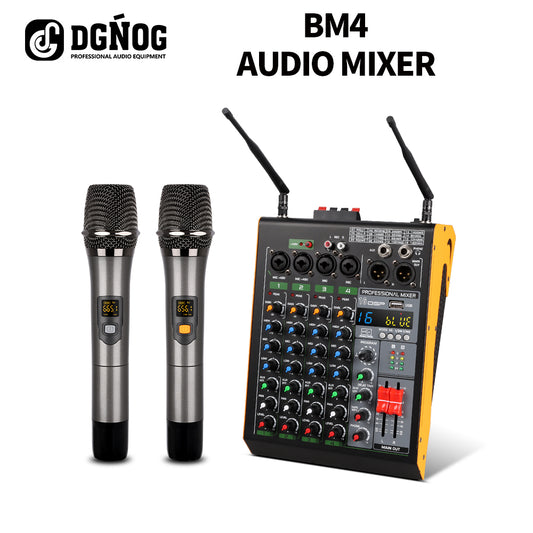 DGNOG Audio Mixer BM4  4-channel Dual Wireless Microphone 16DSP Sound Console  for Studio Karaoke Protable  Live Performance KTV