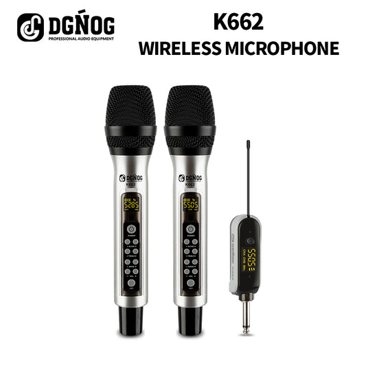 DGNOG K662 UHF 2 Channel Metal Wireless Microphone with EchoTreble Bass Karaoke Dual Handheld Dynamic Mic System Family Party